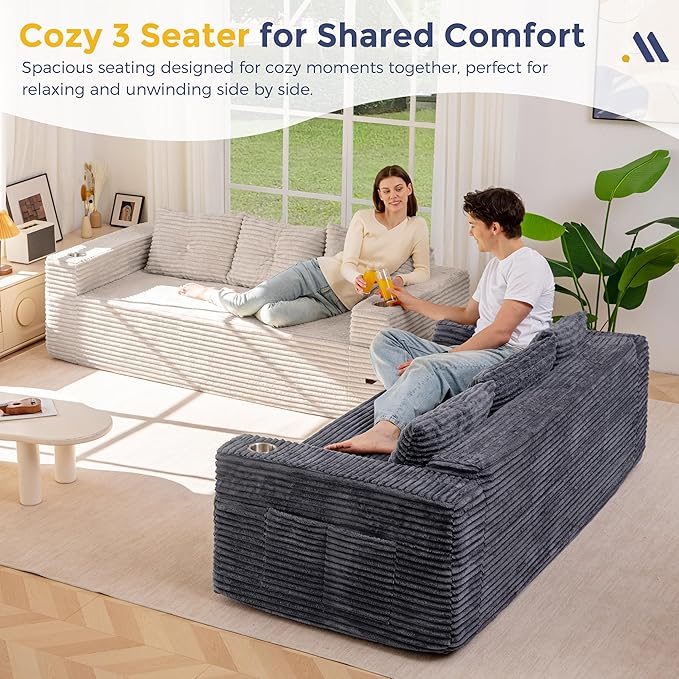 MAXYOYO 79" Oversized Boneless Loveseat Sofa Couch for Small Spaces, Mini Love Seat Floor Couch with Cup Holders and Pillows, 3-Seater Upholstered Cloud Couch for Bedroom, No Assembly Required