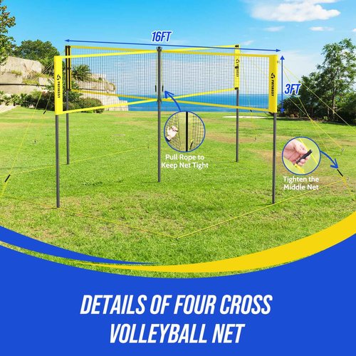 Patiassy 16FT 4 Square Volleyball Game Set with Adjustable Height, 4-Way Volleyball/Badminton Net Outdoor for Backyard, Lawn and Beach with Portable Carry Bag
