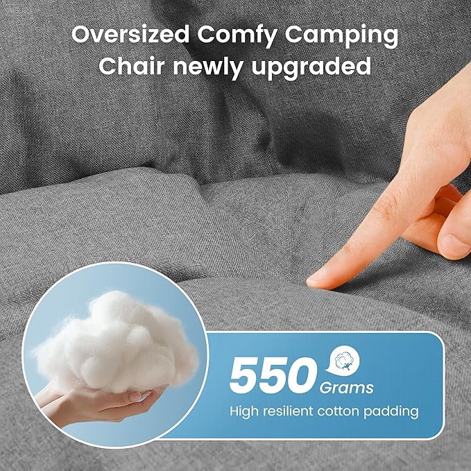 OUTDOOR LIVING SUNTIME Oversized Padded Comfy Camping Chair with Removable Footrest,Weight Capacity 400 LBS, Heavy Duty Moon Round Leisure Folding Chair for Camping, Hiking, Carry Bag, Gray