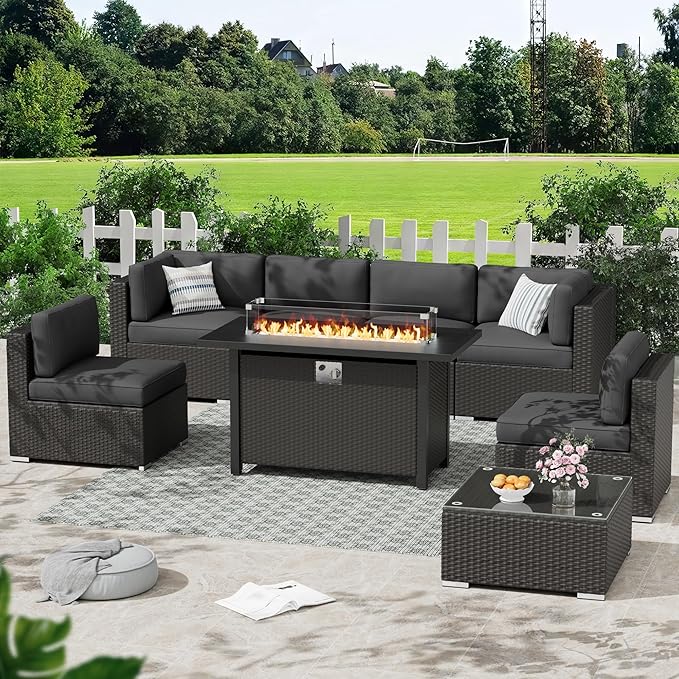 Crownland 8-Piece Outdoor Patio Furniture Sets with 45” Propane Gas Fire Pit Table, All-Weather Black Wicker Rattan Sectional Sofa with Coffee Table(Grey)