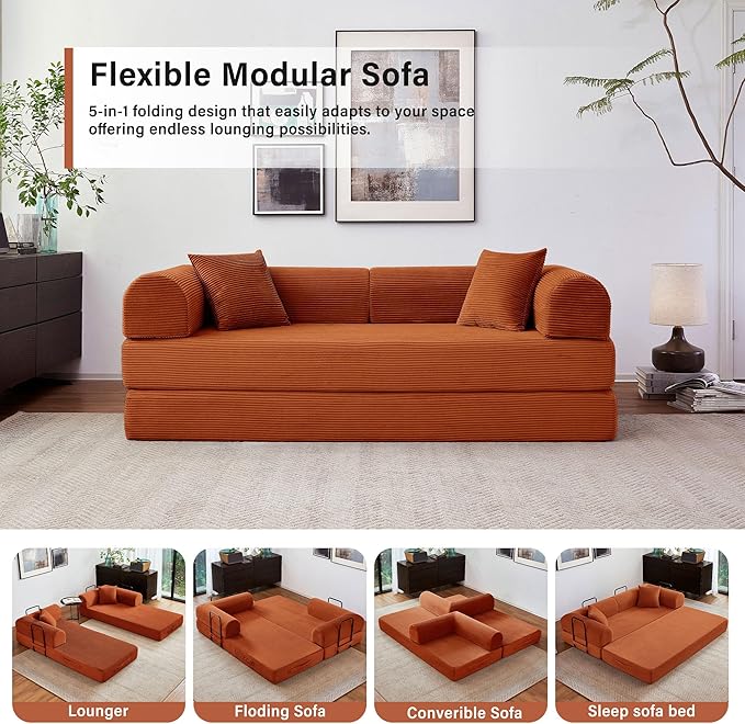 79" 5-in-1 Folding Convertible Sofa Bed, Oversized Corduroy Futon Floor Couch with Pull-Out Sleeper, Modular Boneless Loveseat for Small Spaces, Living Room, Bedroom (Orange)