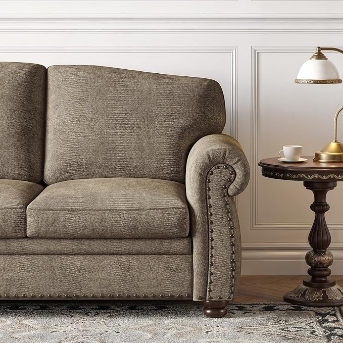 ONBRILL 90 Inch Nailhead Trim Couch for Living Room, 23 Inch Deep Seat Rolled Arm Sofa, Comfy Upholstered 3 Seater Chenille Couch w/Wooden Leg, Large Traditional Sofa for Farmhouse, Brown