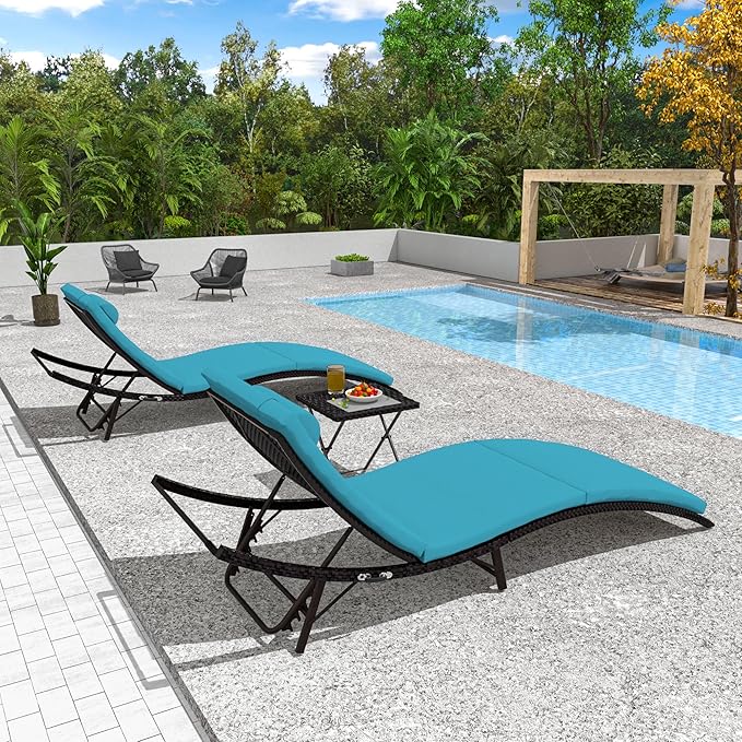 Trumbeak Patio Chaise Lounge Set 3 Pieces Pool Lounge Chairs,Cushioned Outdoor Folding Lounge Chair w/Rattan Adjustable Backrest for Poolside Porch,Folding Table Included,Turquoise Blue