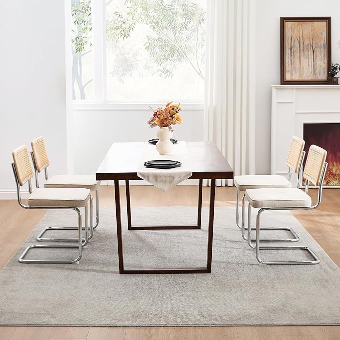 Zesthouse Natural Rattan Dining Chairs Set of 2, Mid Century Modern Dining Chairs with Solid Wood Back & Chrome Base, for Kitchen Living Room, Breuer Design Inspired, Upholstered Linen Fabric, Beige