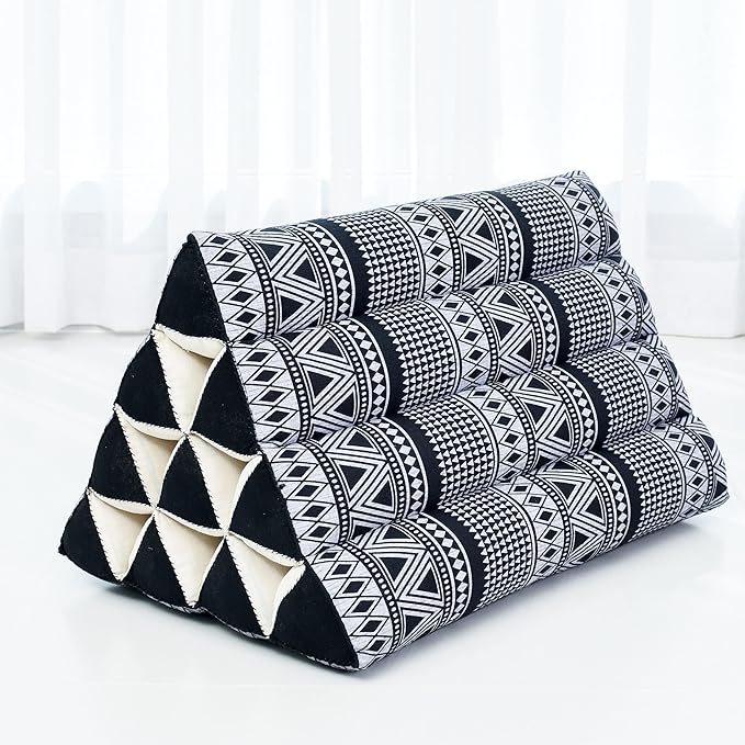 Leewadee Thai Triangle Cushion – Comfortable Backrest for TV or Reading, Wedge Pillow - Eco-Friendly Natural Kapok Filling, 20 x 13 x 13 inches, Black White