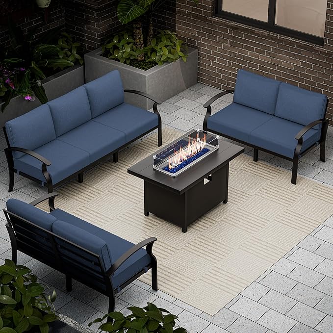 RTDTD Aluminum Outdoor Patio Furniture Set,4 Pieces 7 Seats Patio Conversation Sets with 45" Propane Fire Pit Table,Metal Patio Sectional Furniture Set w/5.1" Cushions,Navy Blue