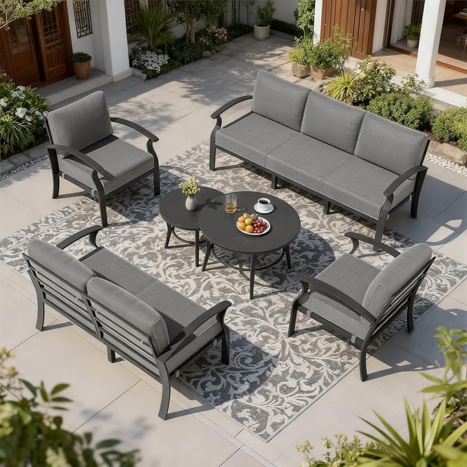 RTDTD Aluminum Outdoor Patio Furniture Set,7 Seats Patio Conversation Sets with 2 Round Coffee Tables,Metal Patio Sectional Furniture Set with 5.1" Thickened Cushions,Grey