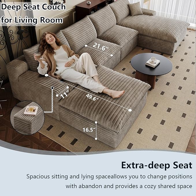 136" Cloud Sectional Couch U-Shaped Chaise with Ottoman, Corduroy Boneless Couch for Living Room Bedroom, Deep-Seat Upholstered Modular Cloud Sofa, No Assembly Required (Camel, Right Facing Chaise)
