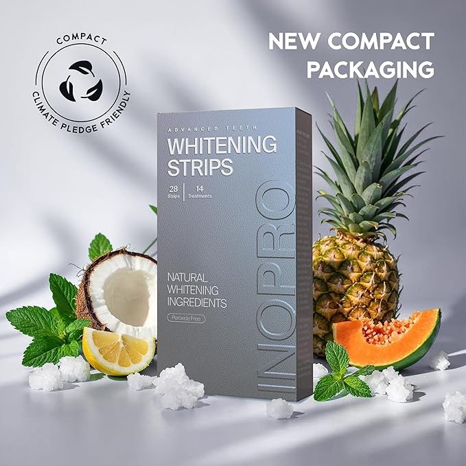 InoPro Natural Teeth Whitening Strips Kit 14 Treatments - Sensitive Teeth Whitener, Peroxide Free with Papain, Bromelain, Coconut Oil, White Strips for Teeth Whitening (28 Strips)