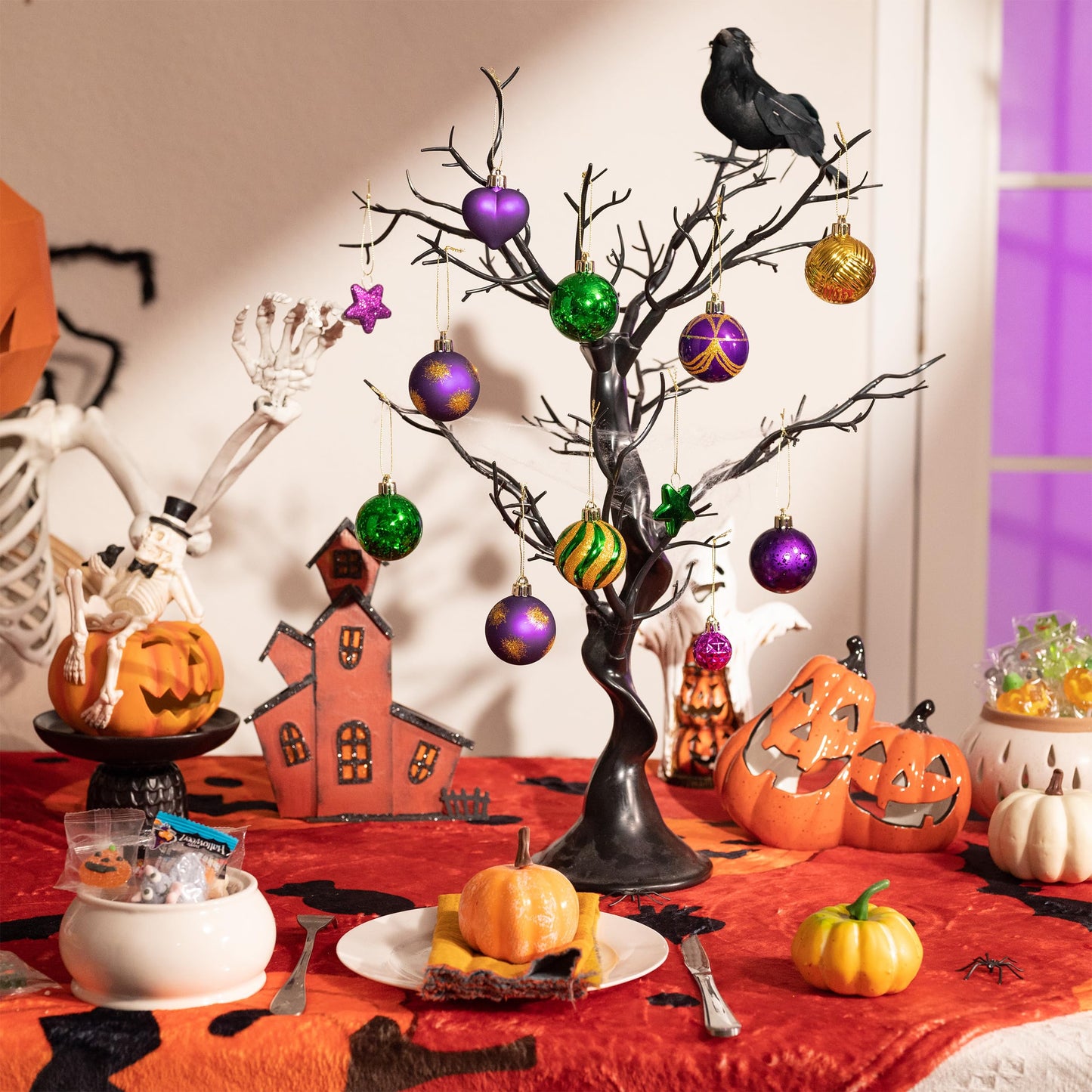 Valery Madelyn 28Pcs Halloween Heart Shaped Ornaments Gift Pack, Mardi Gras Craft Painted Tree Heart Decorations, Purple Green Gold Christmas Baubles Hanging Holiday Party Decor