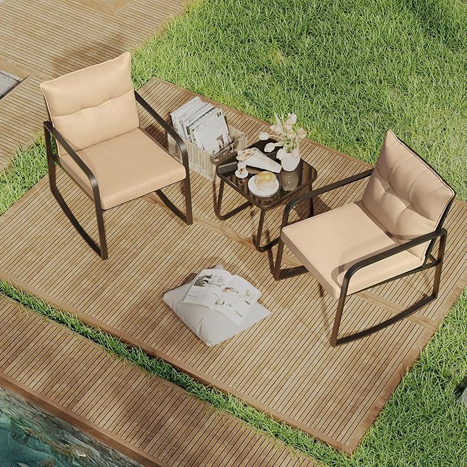 Gizoon 3 Piece Rocking Bistro Set, Black Steel Patio Furniture, Porch Chairs Conversation Set with Glass Coffee Table, Back Cushion, for Balcony, Garden, Pool, Backyard, Beige