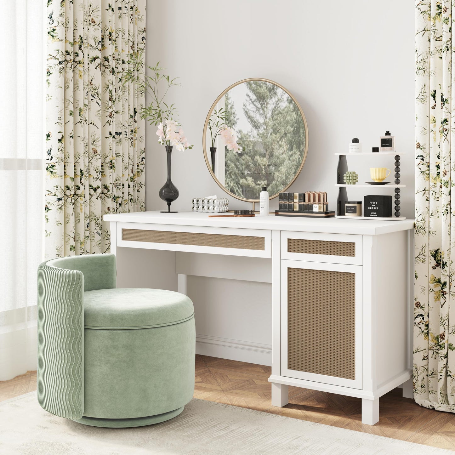 allamazing 360° Swivel Accent Chair with Storage, Vanity Stool with Back, Velvet Storage Ottoman, Upholstered Round Barrel Vanity Chair for Living Room, Makeup Room, Bedroom (Green)