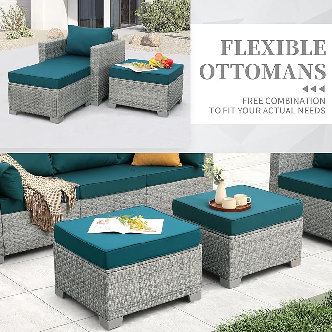 WAROOM Patio Furniture Set 6 Piece Outdoor Patio Set Grey Wicker Balcony Furniture Conversation Sets PE Rattan Couch Sofa with Coffee Table, Peacock Blue Cushion