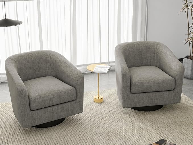 UIXE 360° Swivel Barrel Accent Chair Upholstered Armchair, Modern Round Club Arm Chair Living Room Single Sofa Seating Bedroom Side Reading Seat in Fabric, Flax Khaki