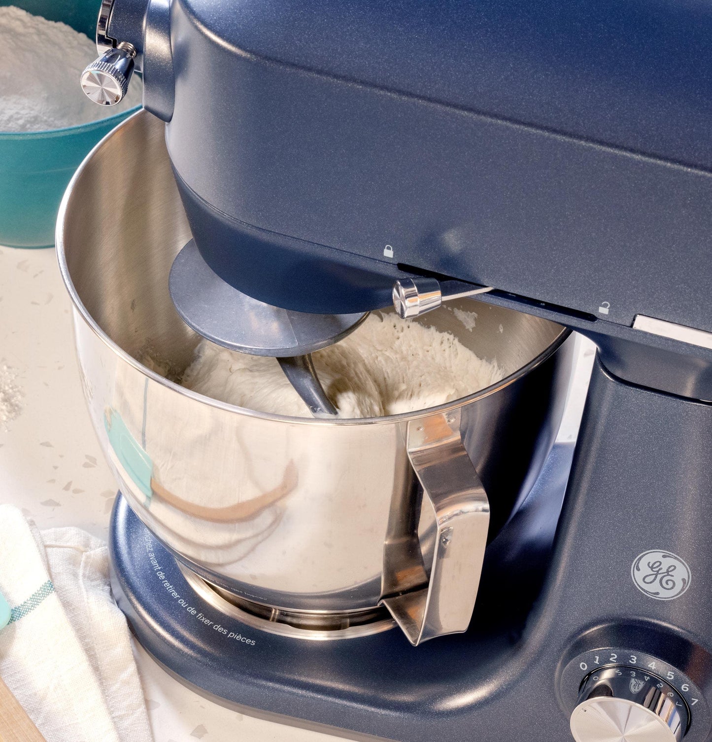 GE Tilt-Head Electric Stand Mixer | 7-Speed, 350-Watt Motor | Includes 5.3-Quart Bowl, Flat Beater, Dough Hook, Wire Whisk & Pouring Shield | Countertop Kitchen Essentials | Sapphire Blue