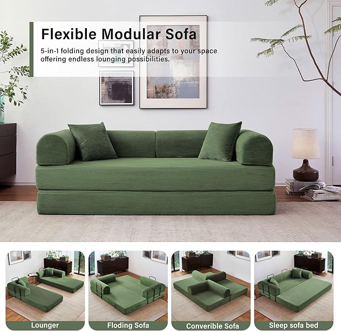 79" 5-in-1 Folding Convertible Sofa Bed, Oversized Corduroy Futon Floor Couch with Pull-Out Sleeper, Modular Boneless Loveseat for Small Spaces, Living Room, Bedroom(Dark Green)