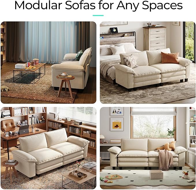 LINSY HOME 90'' Cloud Loveseat Sofa, Modular Sectional Couches Corduroy Cloud Couch Soft Modern Comfy Love Seat Sofa Set for Living Room Apartment Office, Beige