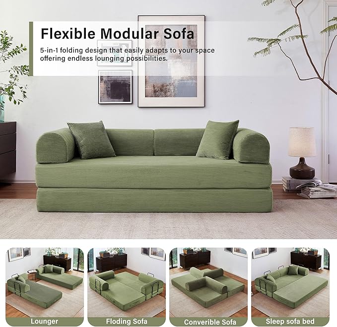 79" 5-in-1 Folding Convertible Sofa Bed, Oversized Corduroy Futon Floor Couch with Pull-Out Sleeper, Modular Boneless Loveseat for Small Spaces, Living Room, Bedroom (Light Green)