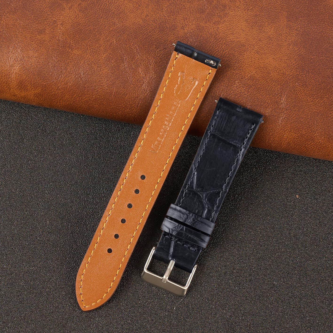 21mm Flat Blue Navy Leather Watch Band Quick Release Handmade Leather Strap Slim Croc Replacement Wristband Men Stainless Steel Buckle Christmas Father's Day Gift for Dad Son Husband DH-NO-04-21MM