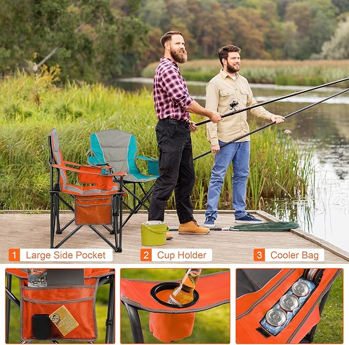 LANMOUNTAIN 2 Pack Padded Oversized Camping Chairs for Adults,Heavy Duty Support 400 Lbs,Folding Portable Lawn Chair w/Cup Holder,Cooler Bag,Side Pocket,Perfect for Outdoor Picnic,Hiking(Orange&Blue)