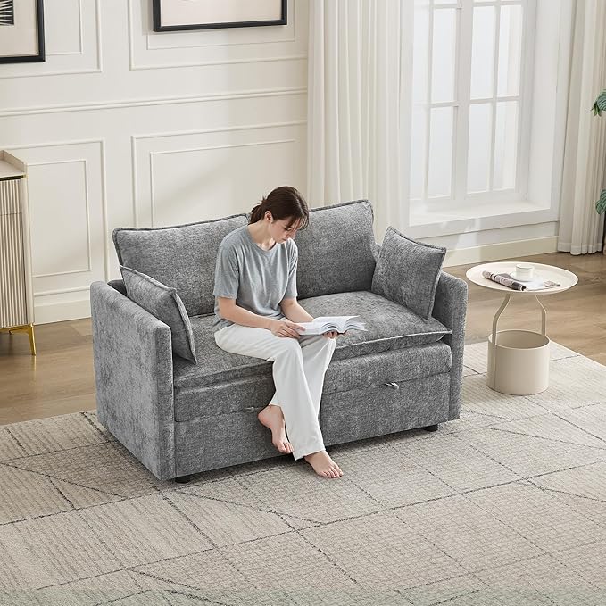 55" Cloud Modular Loveseat Sofa with Storage, Modern Upholstered Sofa Couch Small Love Seat,2 Seater Chenille Comfy Sectional Sofa with Armrests for Living Room, Small Space, Light Grey