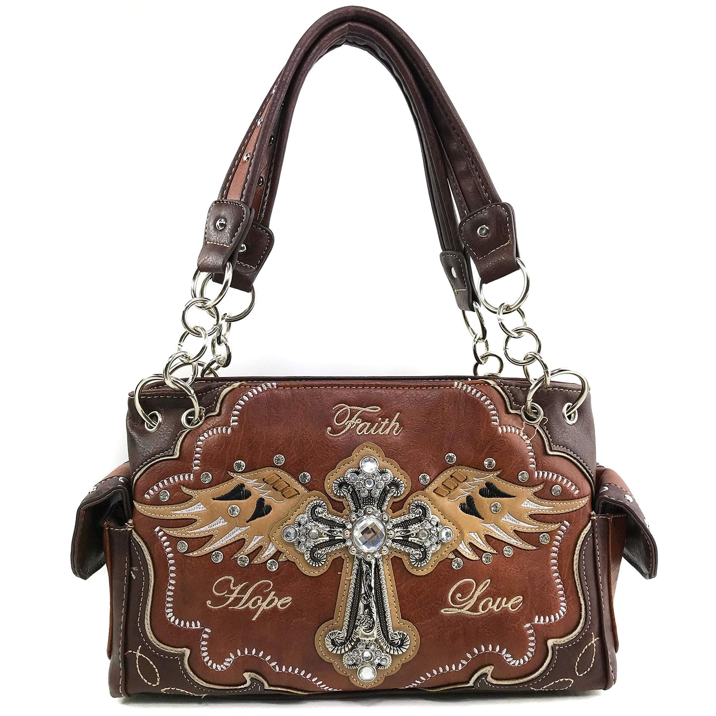 Zelris Faith Love Hope Cross Angel Wing Women Conceal Carry Handbag Wallet Set (Brown)