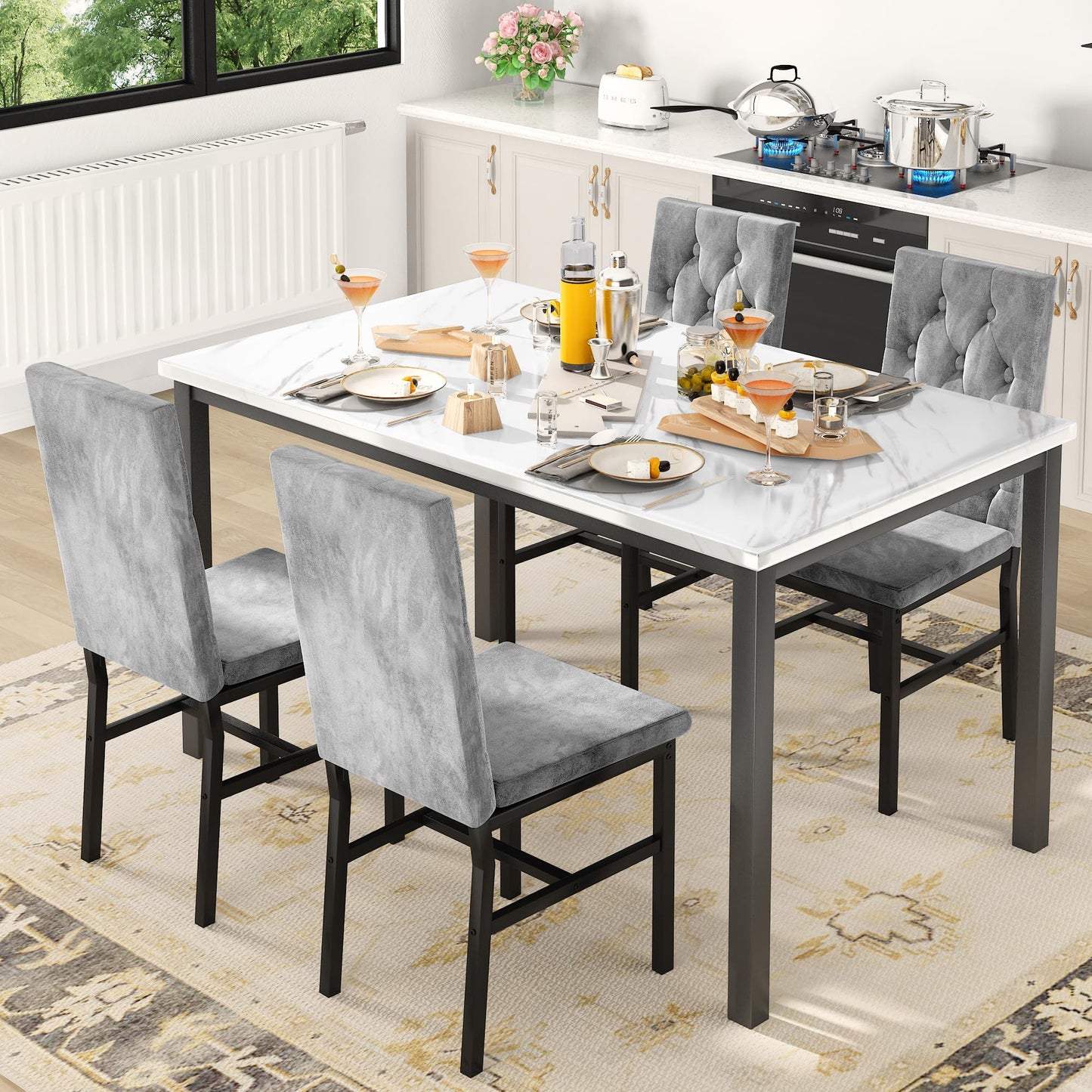 Hooseng Dining Table Set for 4, Faux Marble Small Kitchen Table Chairs Set of 4 with Luxurious Button Tufted Dinner Chairs for Kitchen and Dining