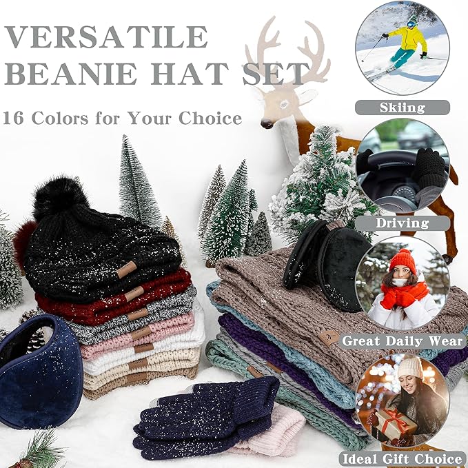 Winter Hat Scarf Gloves and Ear Warmer, Warm Knit Beanie Hat Touch Screen Gloves Set Winter Gifts Neck Scarves for Women