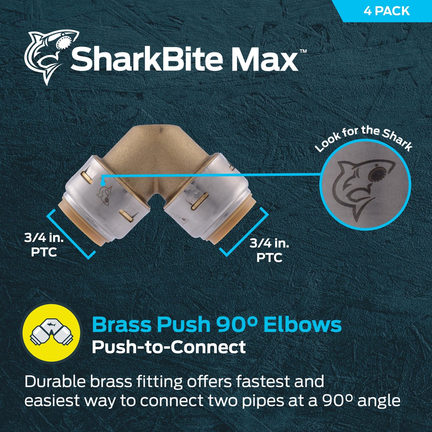 SharkBite Max 3/4 Inch 90 Degree Elbow, Pack of 4, Push to Connect Brass Plumbing Fitting, PEX Pipe, Copper, CPVC, PE-RT, HDPE, U256LFA