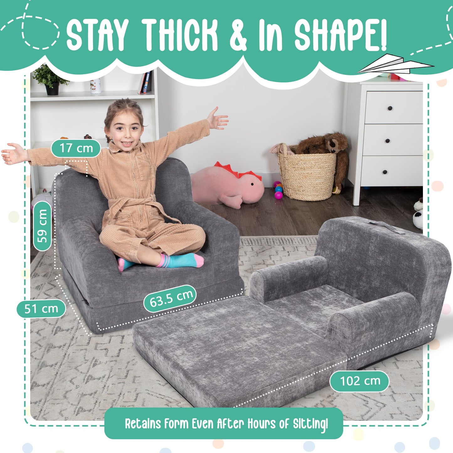ParkaLounger Children's Sofa 2-in-1 Convertible Chair & Sleeper - Durable Foam Keeps Its Shape - Lightweight, Portable with Handle - Soft, Sturdy & Cozy Seat for Lounging & Play, Gray, Medium