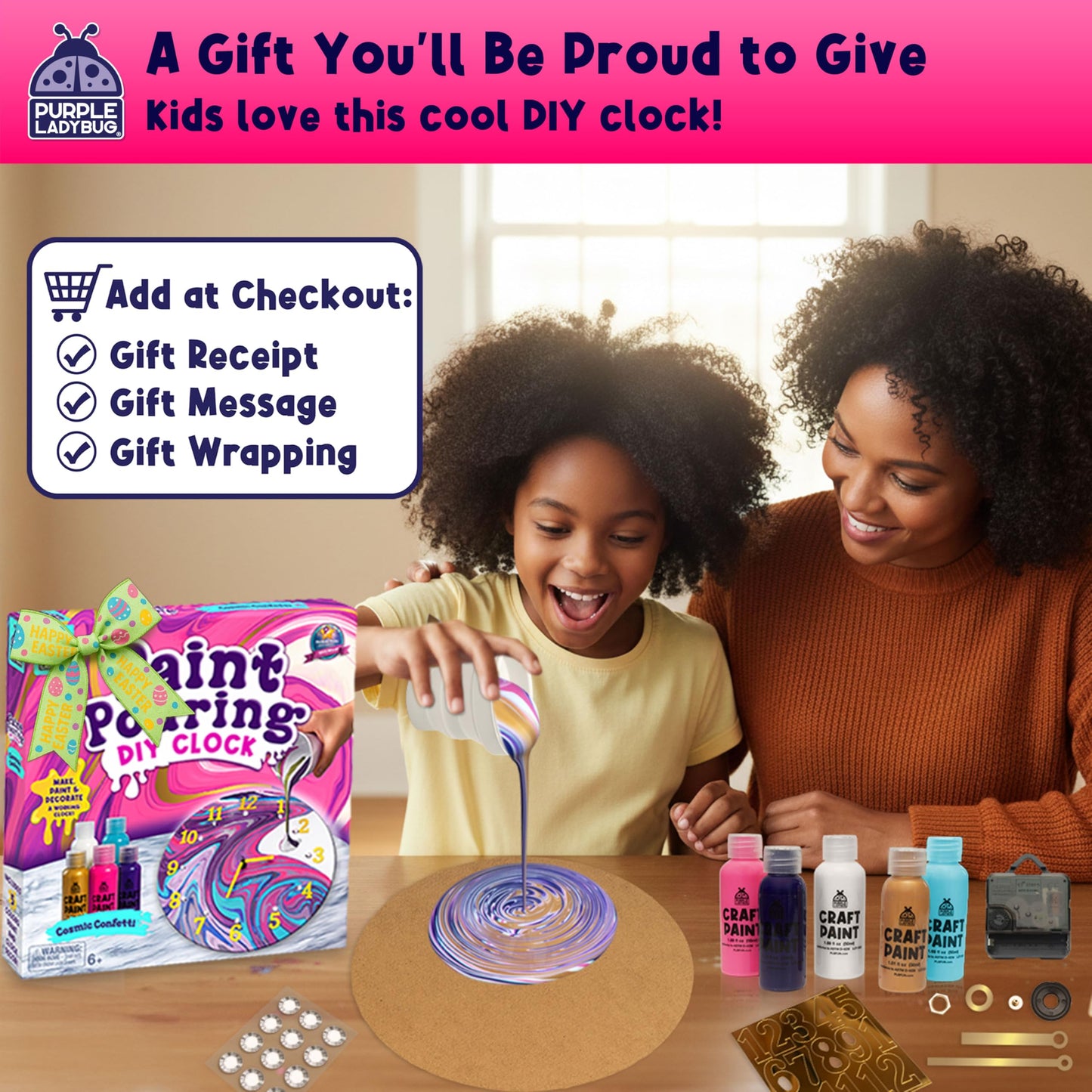 PURPLE LADYBUG Paint Pouring DIY Clock Kit - Creative Kids Painting Kit - 6 7 8 9 10 11 12 Year Old Girl Gift Ideas, Birthday Gifts for 8 Year Old Boys & Gifts for Teen Girls - Fun Crafts for Kids 6-8