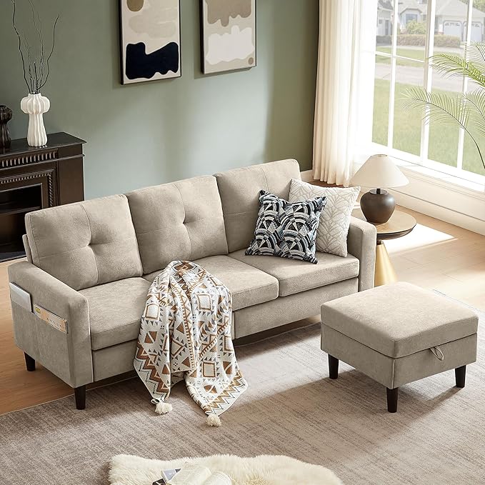 Pingliang Home 80" Convertible Sectional Sofa Couch with Movable Ottoman, 3 Seats Sectional Sofas L Shaped Couch for Small Spaces, Soft Fabric Couch for Living Room (Beige)