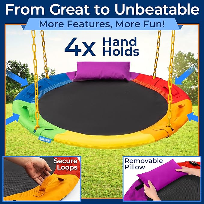 SereneLife 40" Saucer Swing - Outdoor Swing Set with Heavy-Duty Chains & Hanging Kit, Swinging Seat Spinner with Pillow & Carry Bag, Weatherproof, Water-Resistant, Supports Up to 700 lbs, Rainbow