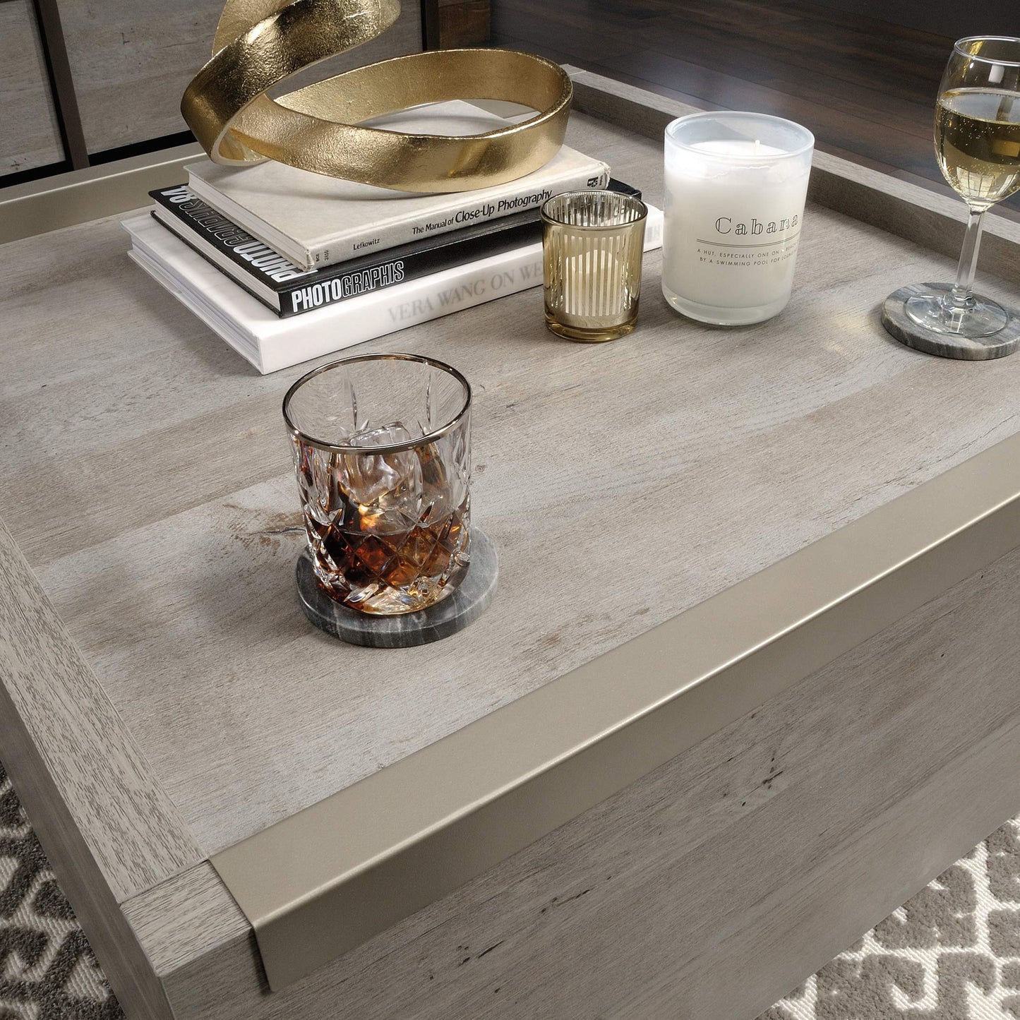 Sauder Manhattan Gate Square Coffee Table, Mystic Oak, 2 Drawers, Modern Farmhouse
