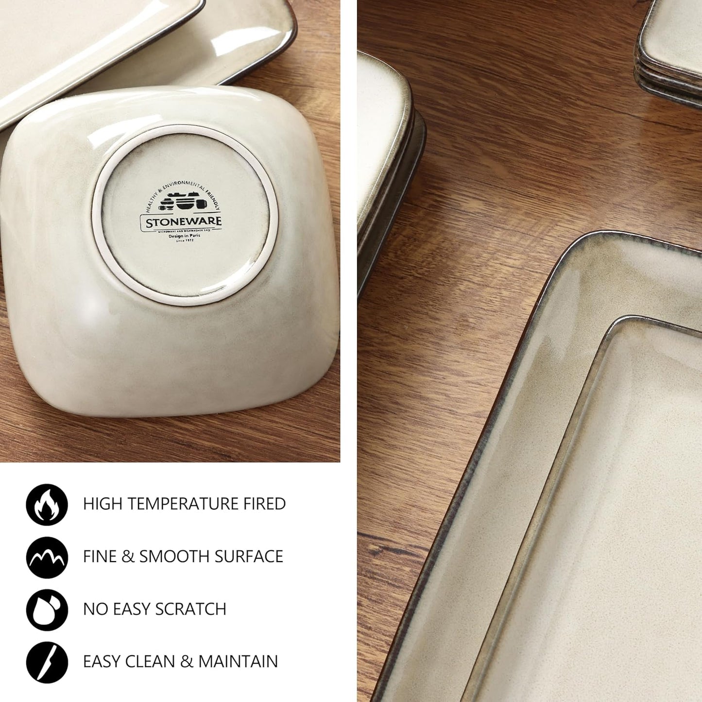 E-far Square plates and bowls Sets for 6, 18-Piece Reactive Glaze Stoneware Dinnerware Sets, Porcelain Dishware Sets for Kitchen Home, Microwave & Dishwasher Safe, Sandy Beige