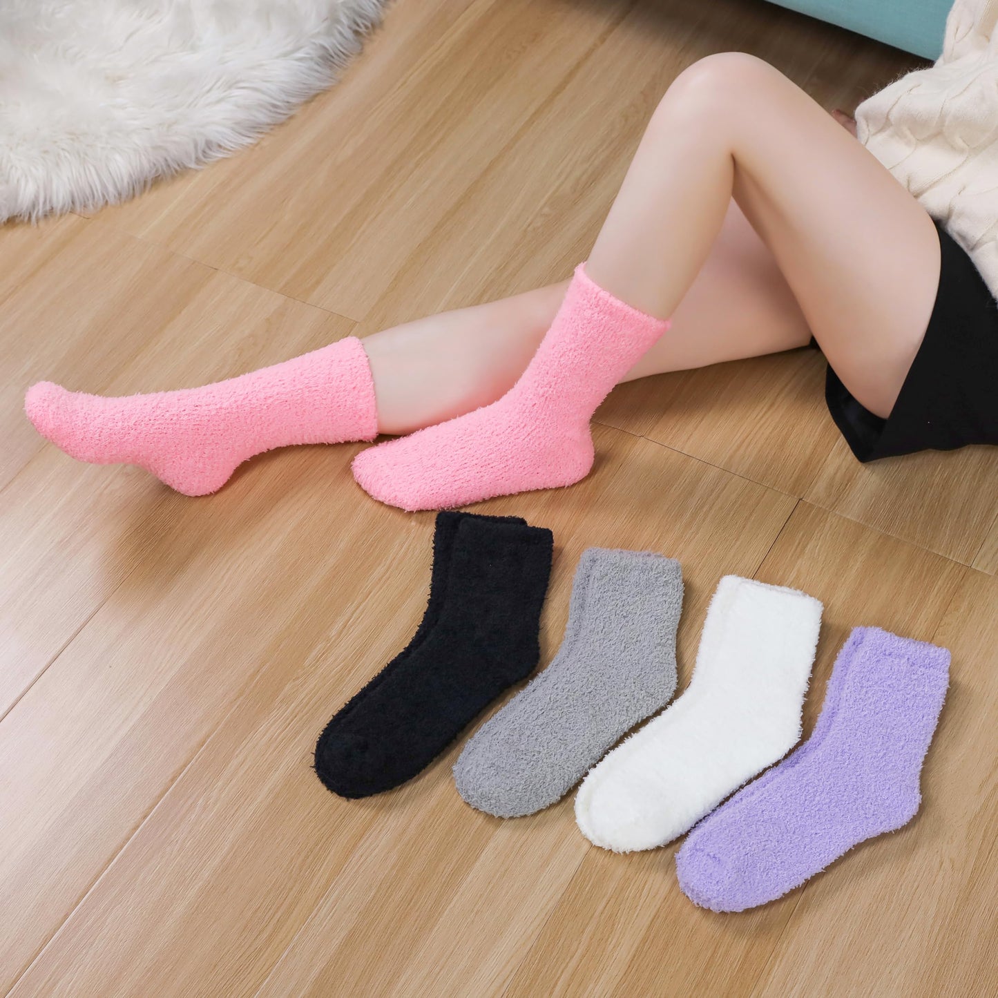 POEATEZO Womens Fuzzy Socks Cozy Fluffy Winter Cabin Slipper Warm Soft Microfiber Plush Home Sleeping Socks (5 Pairs Mixed color B)
