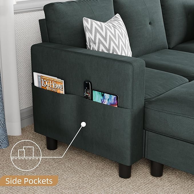 Shintenchi 76" Modern Upholstered Sectional Sofa, L-Shaped Couch with Storage Ottoman and Reversible Chaise for Living Room, Dark Gray Linen Fabric