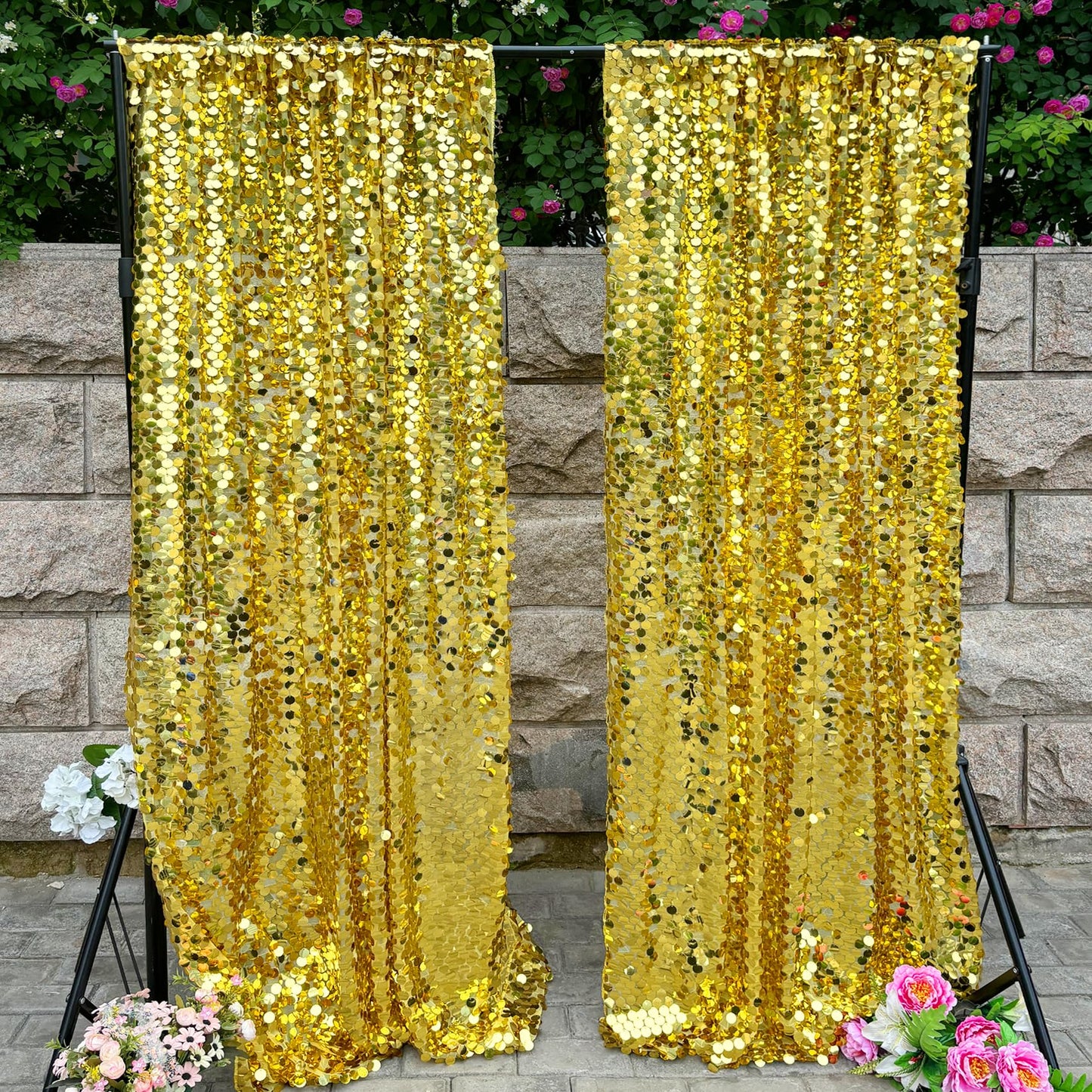 HMQIANG Gold Payette Sequin Backdrop, 4x10 Feet, 2 Panel Shimmer Large Sequin Backdrop Curtain for Decor, Parties, Home