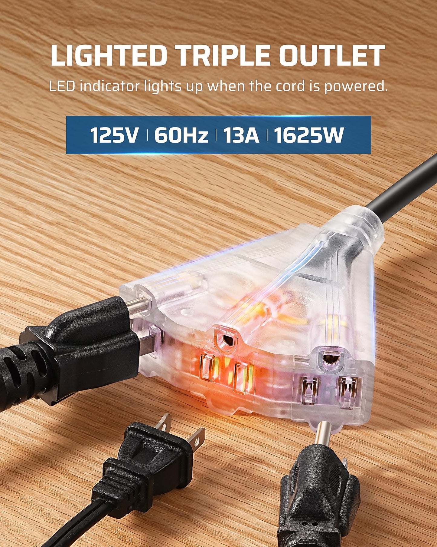 Dewenwils Retractable Extension Cord Reel, 50Ft Heavy Duty Power Cord, 14/3Awg Sjtow, Lighted Triple Tap Outlets, 13 Amp Circuit
