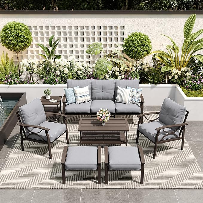 FansaFurn 7-Pieces Outdoor Patio Furniture Set, Outdoor Metal Sectional Furniture with Cushions, Outdoor Conversation Seating Set with Coffee Table for Backyard,Garden, Balcony, Deck, Backyard, Grey