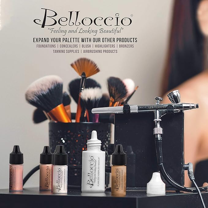 Belloccio Professional Beauty Airbrush Cosmetic Makeup System with 4 Tan Shades of Foundation in 1/4 Ounce Bottles - Kit Includes Blush, Bronzer and Highlighter and 3 Bonus Items and a Video Link