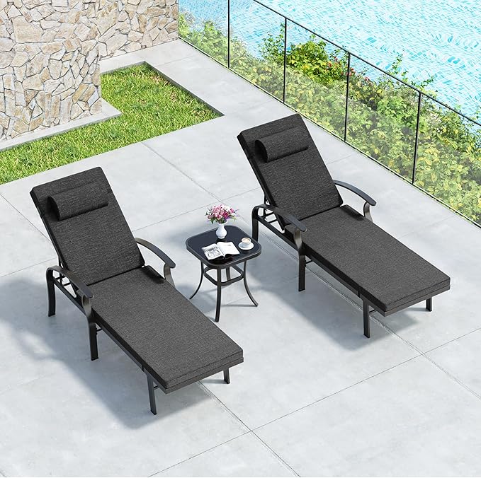 Trumbeak Patio Lounge Chairs Set of 3,Outdoor Lounge Chairs with 5 Adjustable Positions Backerst,Armrest Lounge Chair for Beach,Yard,Balcony,Poolside,Black