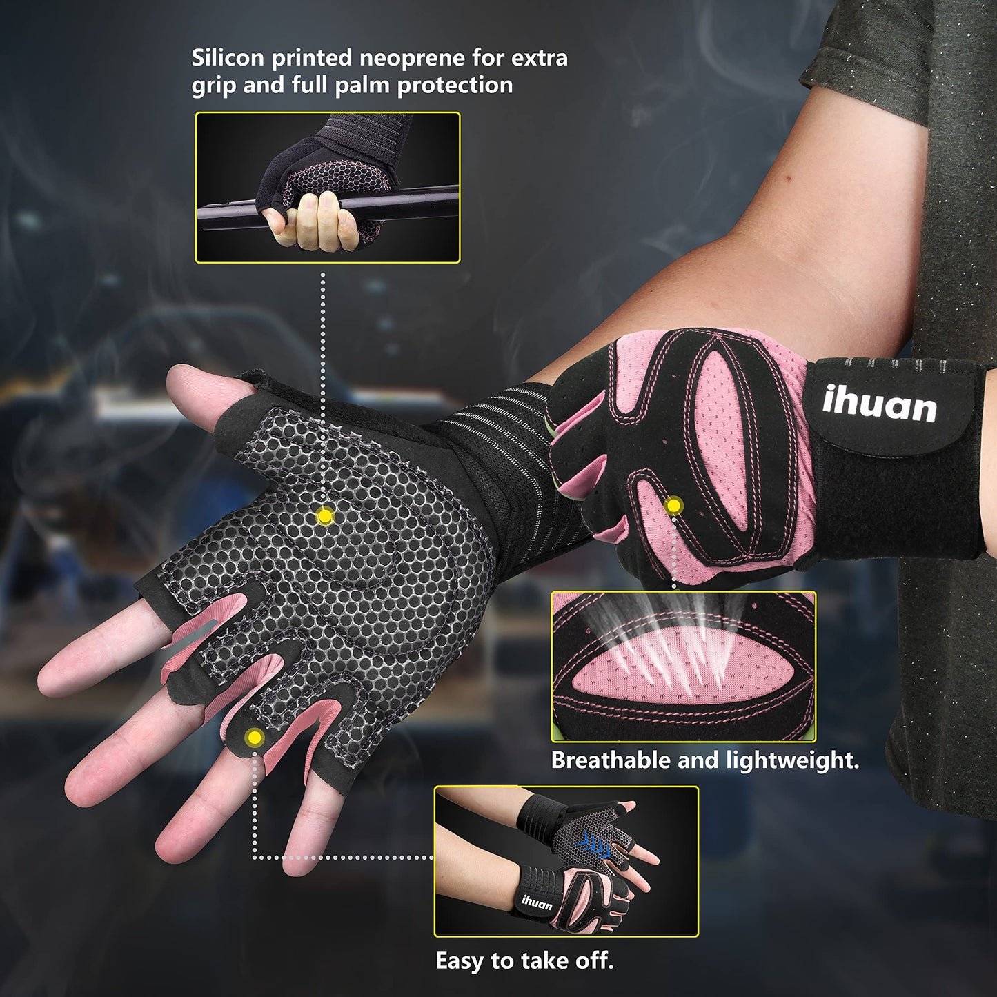ihuan Ventilated Weight Lifting Gym Workout Gloves with Wrist Wrap Support for Men & Women, Full Palm Protection, for Weightlifting, Training, Climbing Fitness, Hanging, Pull ups