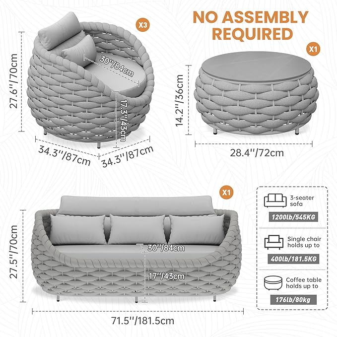 Erotr Aluminum Outdoor Patio Couch Set: 5 Pieces Woven Rope Porch Furniture Sofa Set - Metal Modern Deck Conversation Set - All Weather Assembled Courtyard Seating for Backyard Pool Hotel Resort, Grey