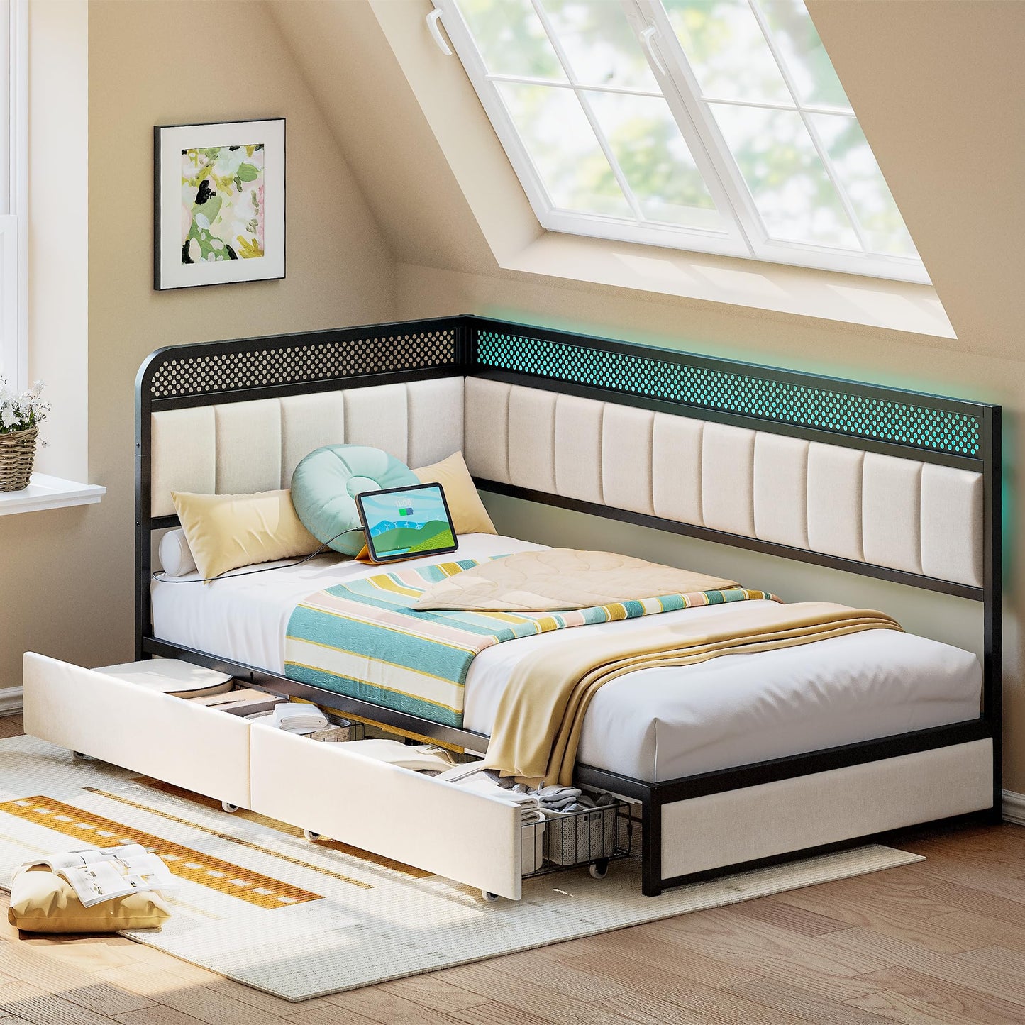 LIKIMIO Twin Corner Bed Frame with Storage Drawers and Charging Station, Modern Twin Daybed with LED Lights and Upholstered Guardrail, Beige