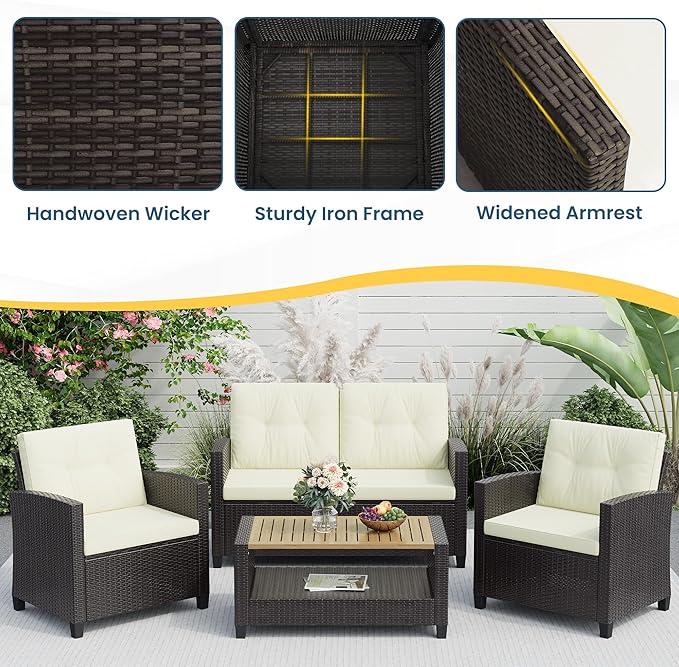 Wisteria Lane 4 Piece Patio Furniture Set, Wicker Outdoor Patio Conversation Furniture Set, All Weather Outdoor Patio Sofa with Cushion and Wood Table, Beige