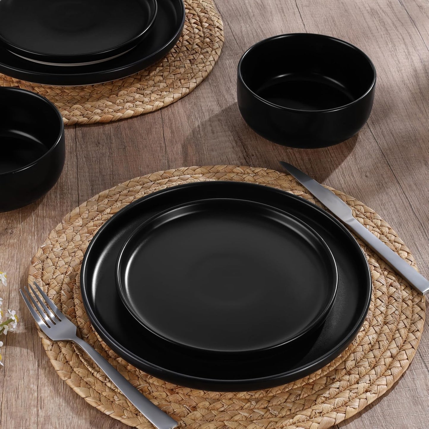 HaWare Stoneware Dinnerware Sets, 18-Piece Plates and Bowls Set for 6, Dishes Set for Home Restaurant, Frosting Black