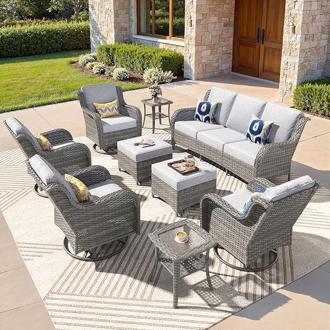 ovios 9 Pieces Patio Furniture Set, Outdoor Wicker Sofa Couch with Swivel Chairs Ottomans Comfy Cushions, High Back Modern All Weather Conversation Sets, Grey Rattan, Grey