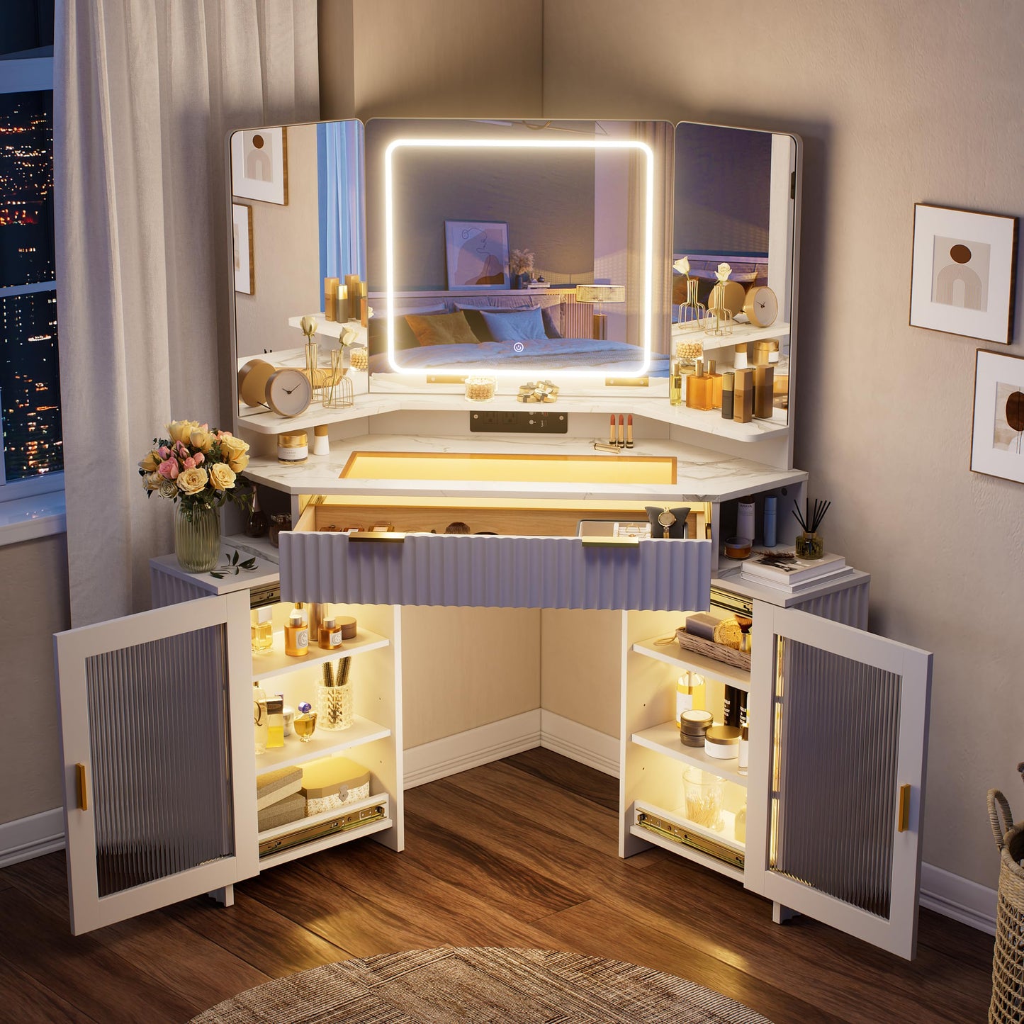 PAKASEPT Corner Vanity Desk with 3 Way Mirror and Lights, Fluted Makeup Vanity Desk with Glass Top, Charging Station, Storage Cabinets & Drawers, Small Corner Vanity for Bedroom