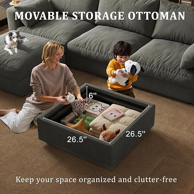 Cloud Modular Sectional Sleeper Sofa with Storage Ottoman, 99" Oversized Sectional Couches for Living Room, Cloud Modular Sleeper Sofa with Chaise, 6 Seater, Chenille, Dark Gray
